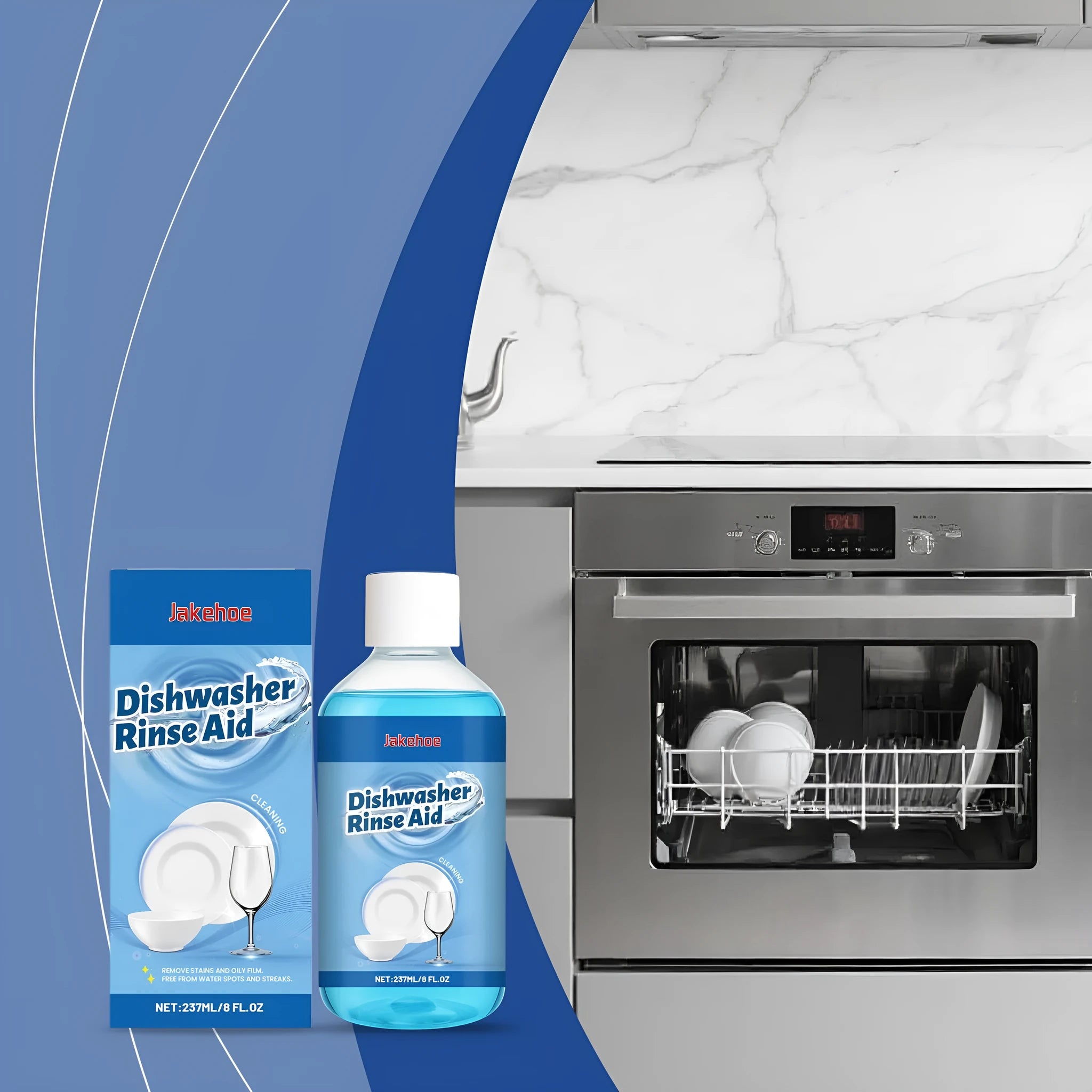 237ml bottle of liquid dishwasher detergent aid rinse agent for cleaning plates and kitchenware