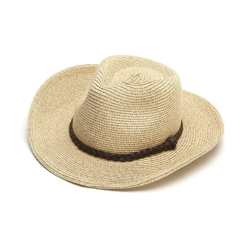 Men's foldable straw sun hat with wide brim shown in beige colour