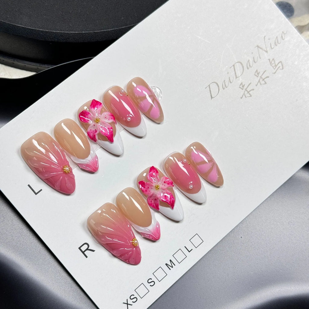 French style 3D lily and ice flower design plastic artificial nail tips in almond shape.
