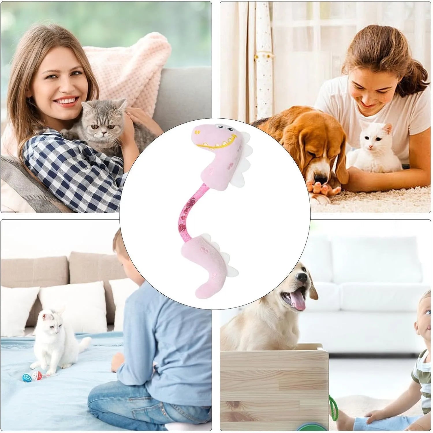 Set of four plush cat toys including a fish, mouse, bunny, and chew toy in assorted colours.