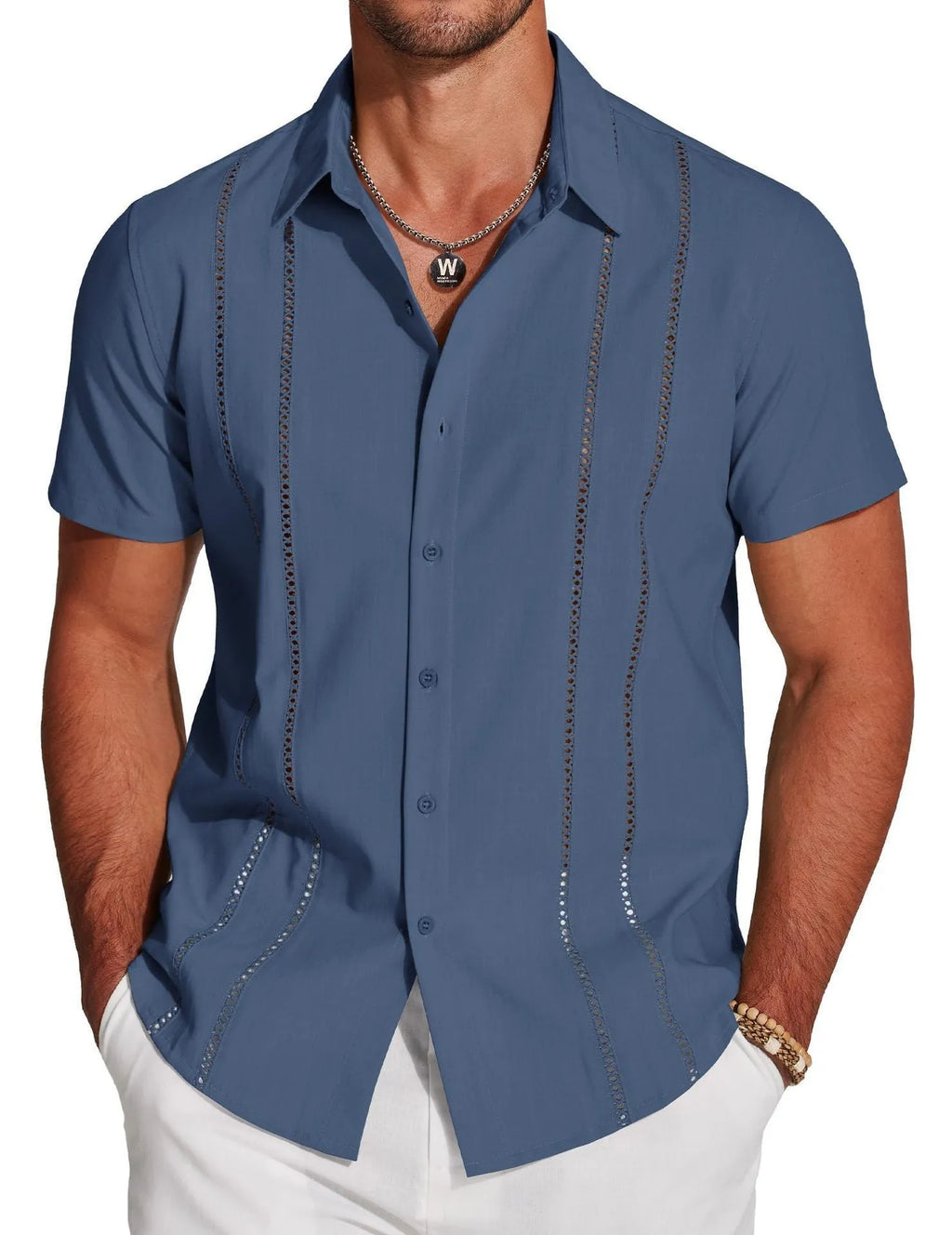 Men's slim fit Hawaiian shirt with digital print in one of six colour options, short sleeves, cardigan style