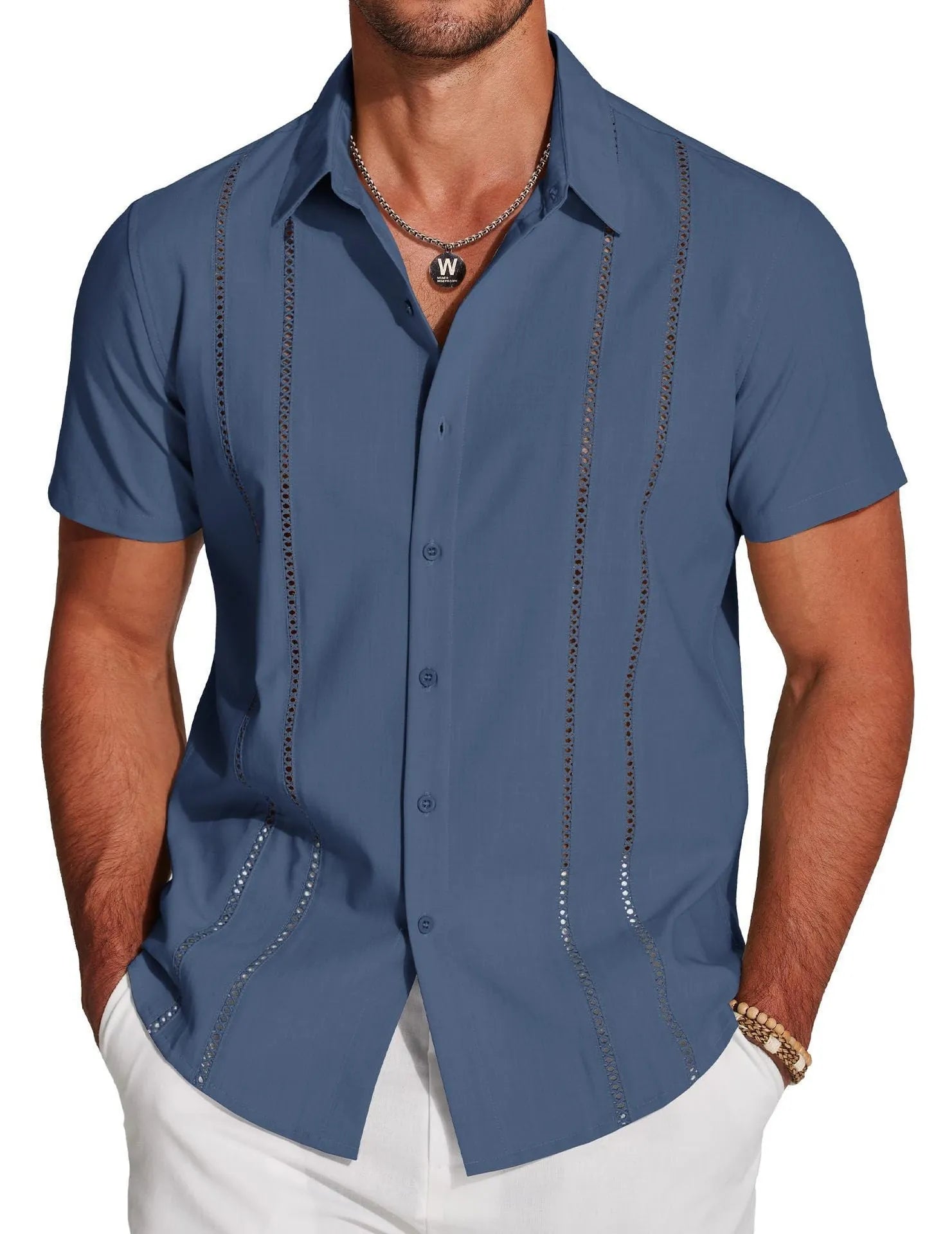 Men's slim fit Hawaiian shirt with digital print in one of six colour options, short sleeves, cardigan style