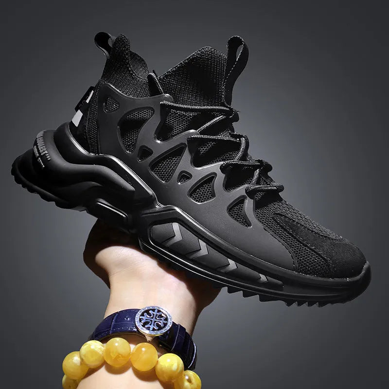Men's fashion black non-slip sneakers with breathable mesh upper and EVA sole