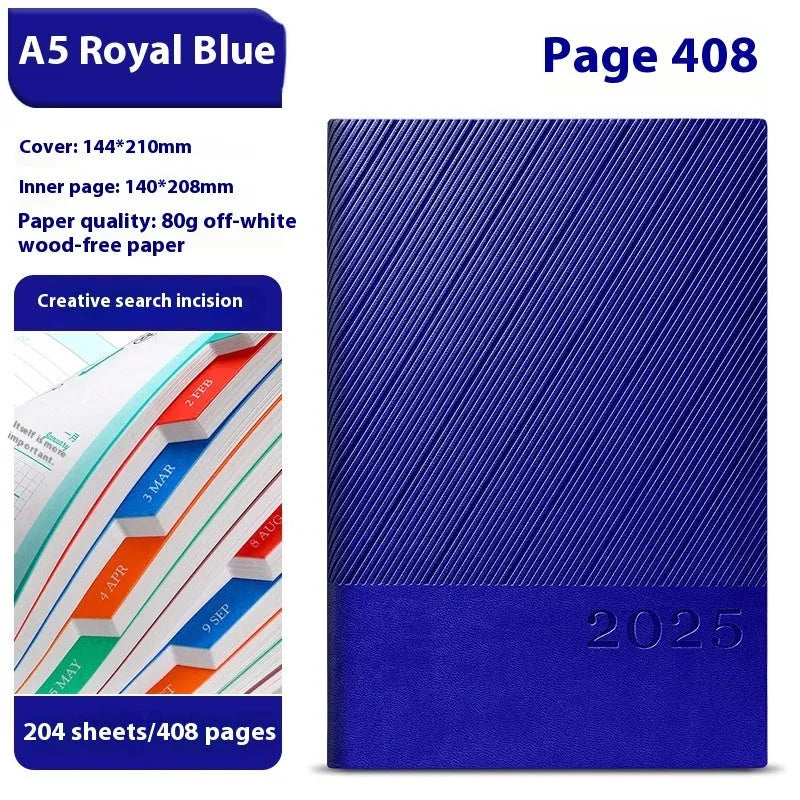 A5 business notepad with striped PU leather cover open on 80g wood-free paper, shown in Sky Blue colour.