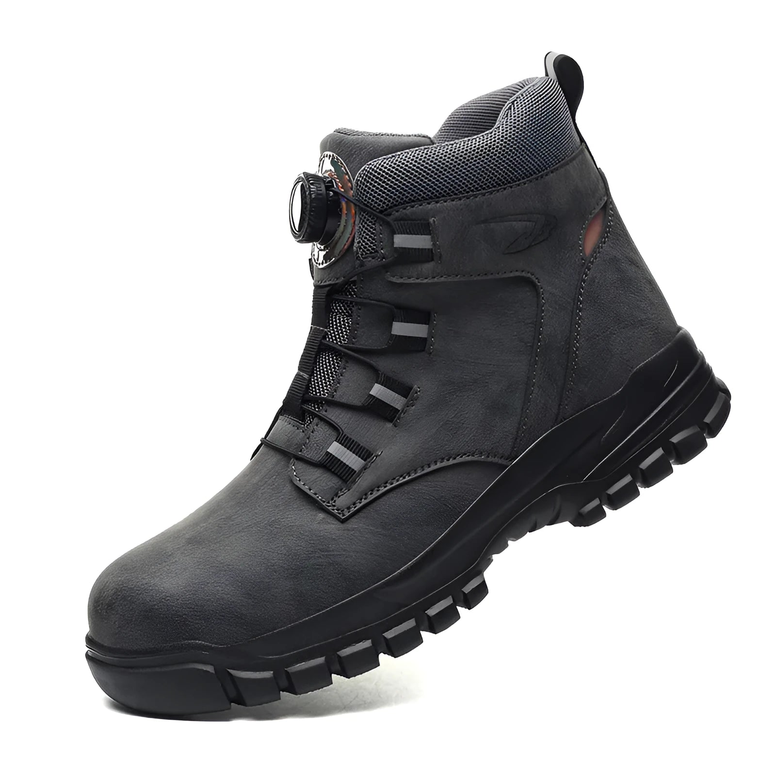 Leather upper and rubber sole lightweight safety shoes in black, yellow, and grey colour options.