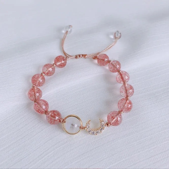 Natural strawberry quartz crystal bracelet for women handcrafted with green strawberry quartz moon design