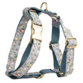 Blue floral polyester cotton dog collar set with matching leash, bow, vest, and poop bag accessories