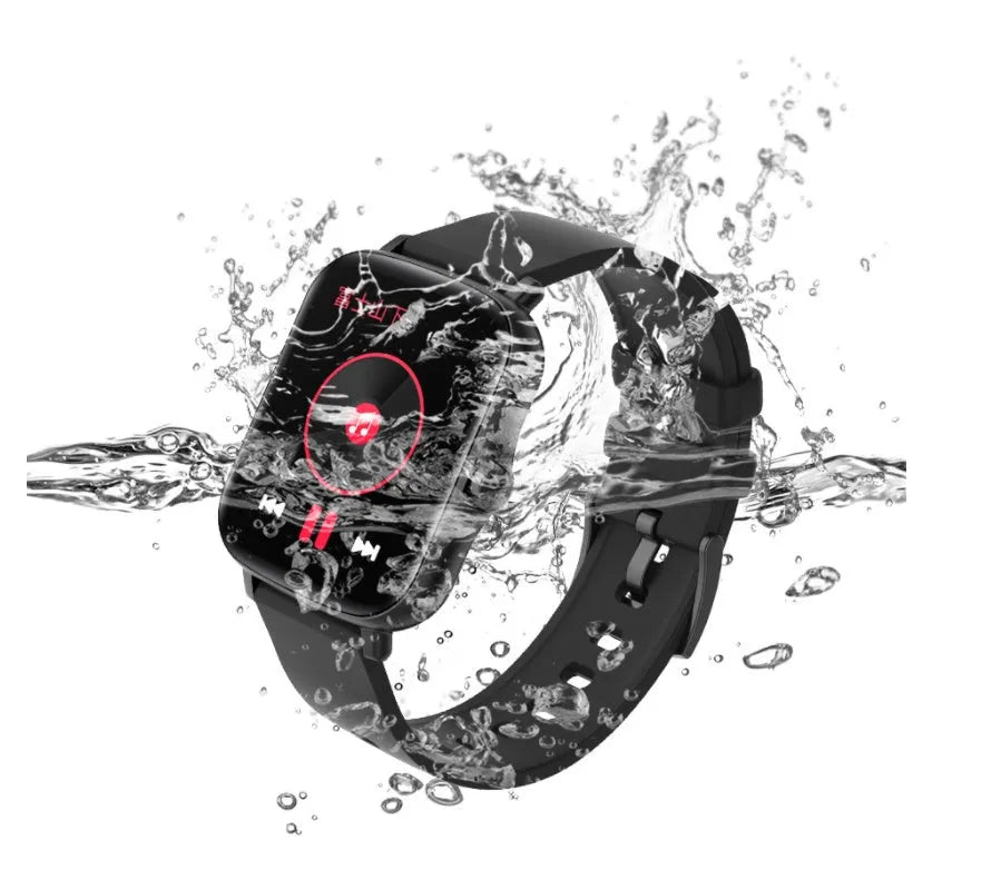 Smart watch with 1.7-inch colour touchscreen on adjustable strap, showing fitness stats interface.