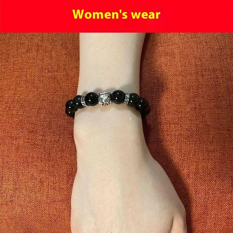 Silver 999 natural obsidian bracelet with Seiko treatment, 10mm and 12mm beads, unisex simple style