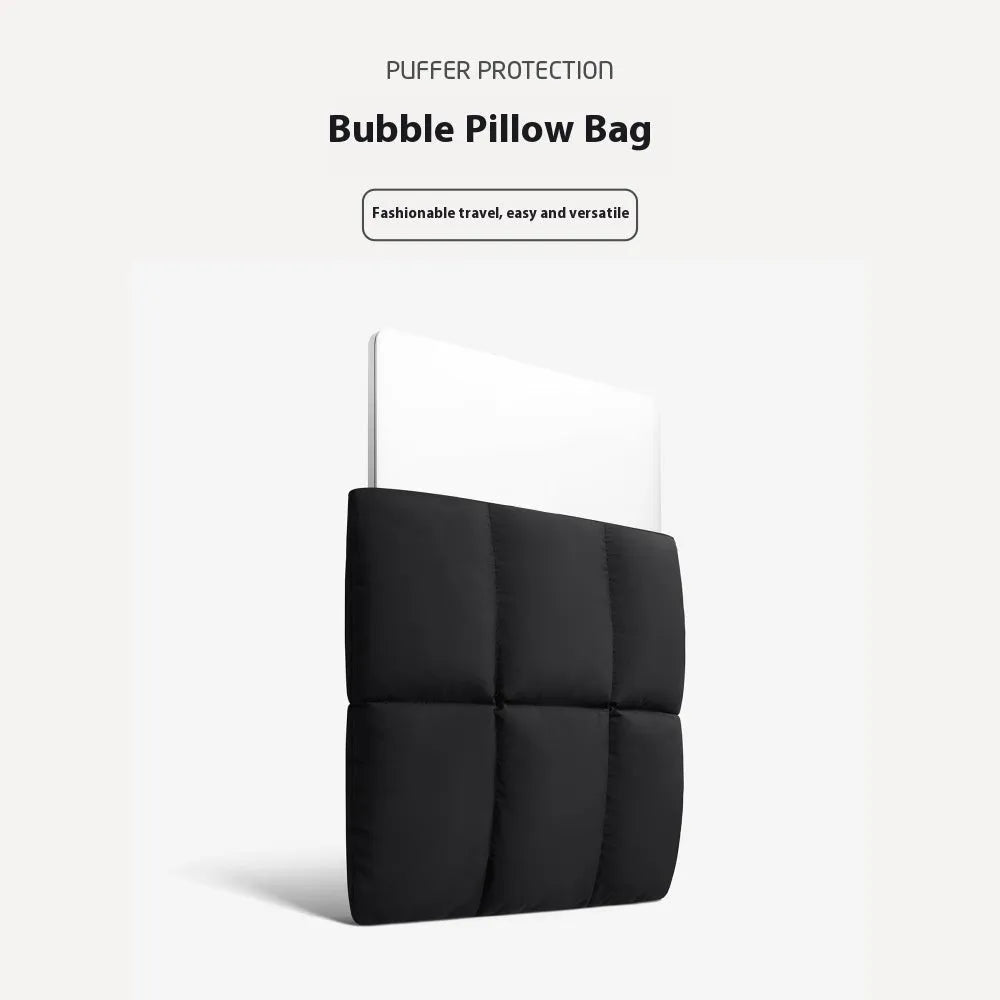 Soft black fluffy laptop sleeve case for a 15.6 inch laptop, showing sewing thread detail.