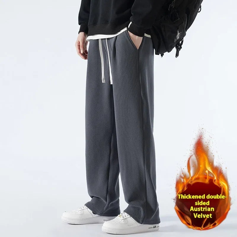 Men's apricot double-sided polar fleece loose-fit winter sports trousers with drawstring waist.