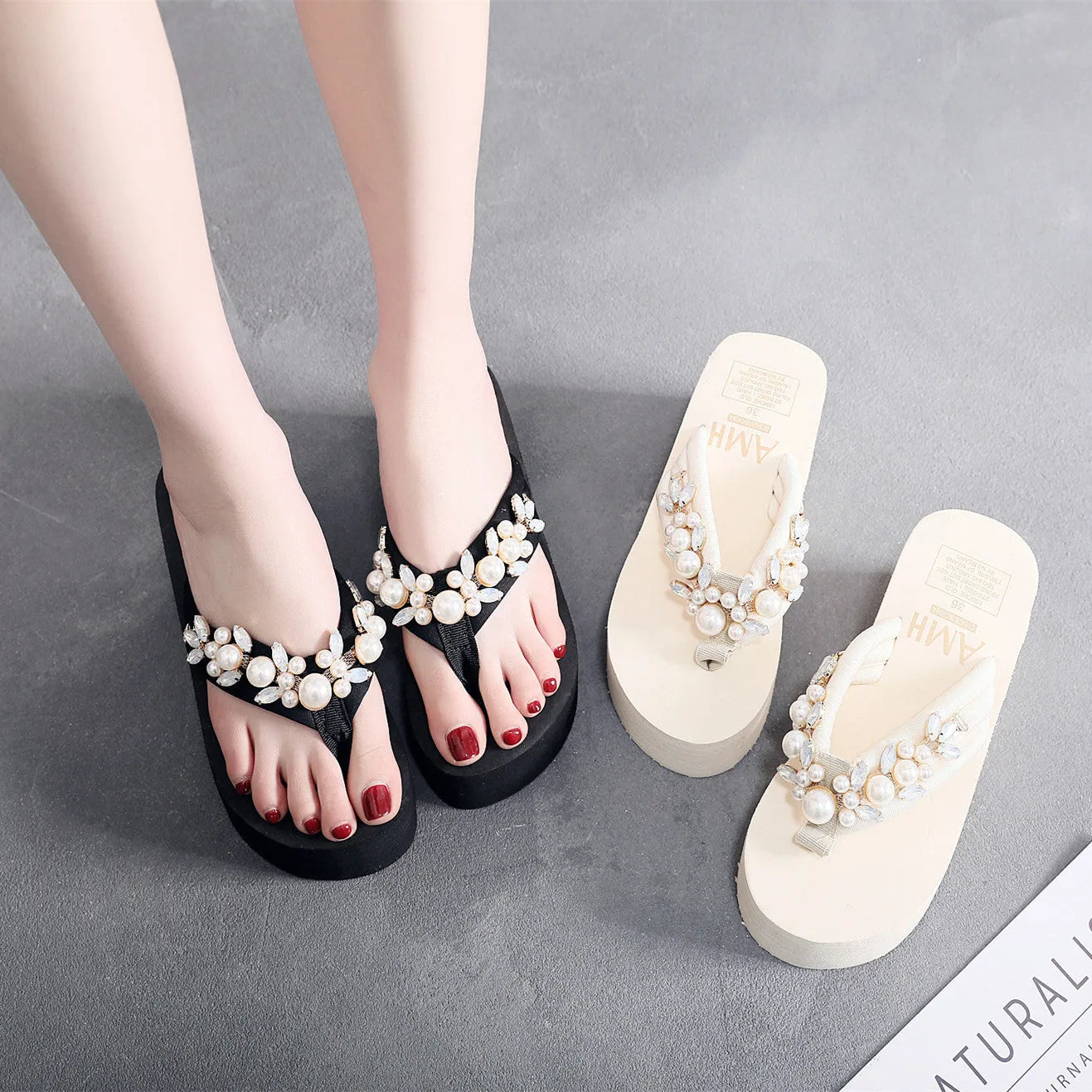 Women's high-heeled wedge flip-flop sandals with a cotton cloth upper in beige and black.