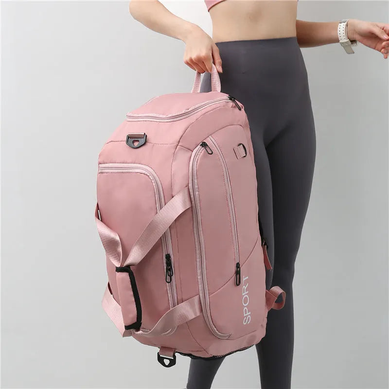 Waterproof Oxford gym backpack with shoe compartment, large capacity travel bag in light green, side view showing pockets