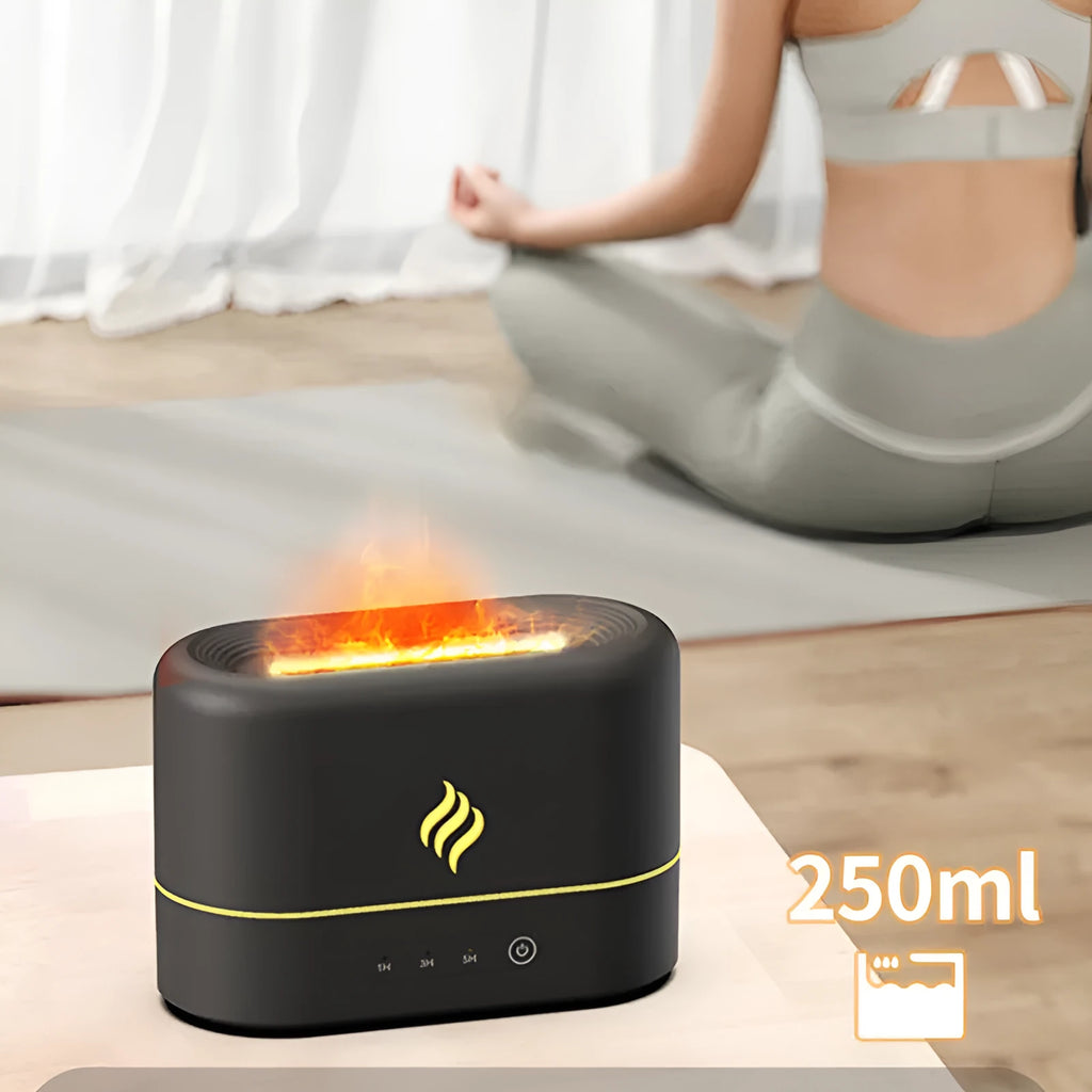 Black or white USB-powered humidifier with 7-colour flame LED effect and single mist outlet.