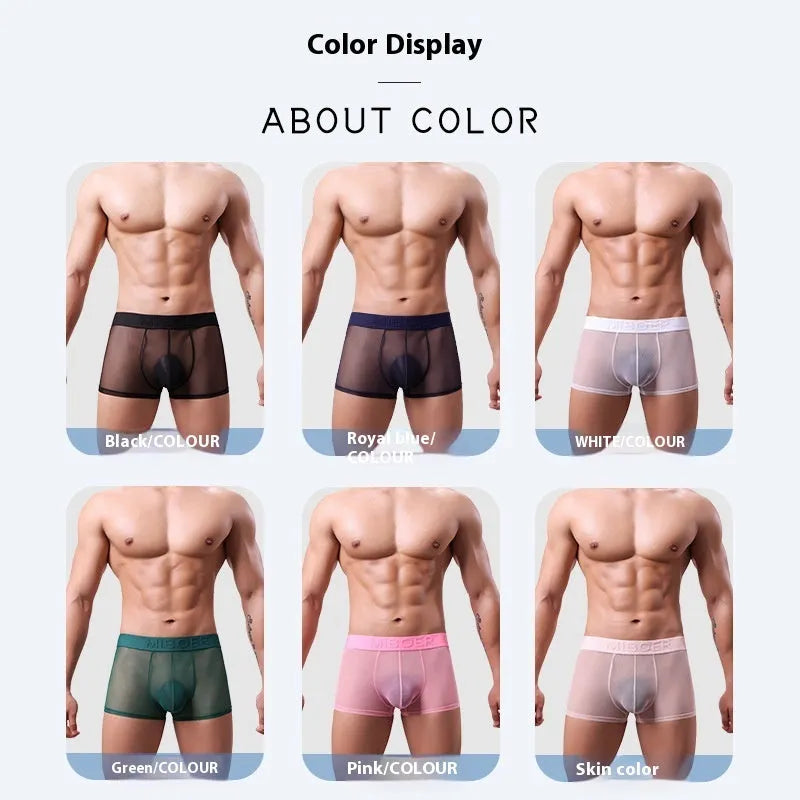 Men's thin quick-dry boxer shorts in six solid colours on a white background.