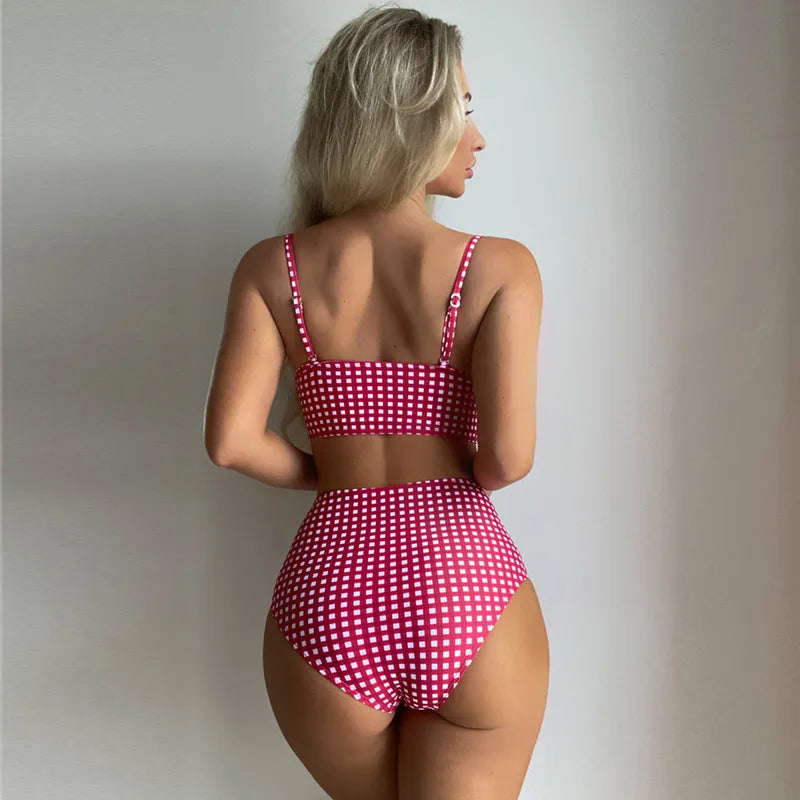 Women's high-waisted plaid bikini swimsuit set with split detail in multiple colour options