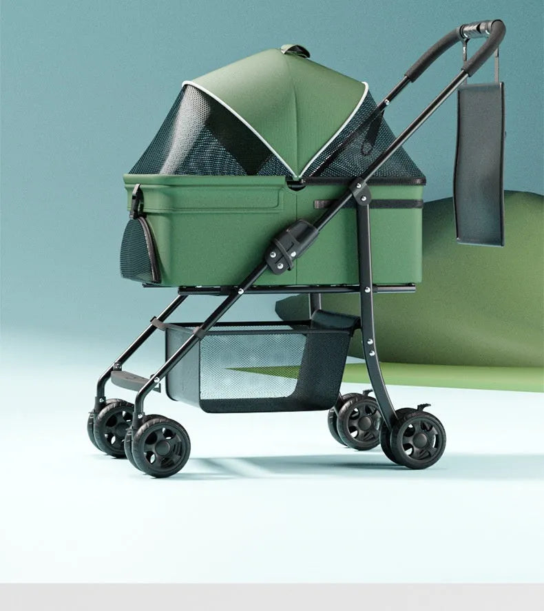 One-click folding large capacity pet cart in black warrior basic style with metal frame, collapsed for storage