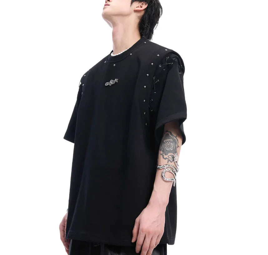 Niche deconstruction lace-up cutout short sleeve T-shirt in black or white cotton-polyester blend