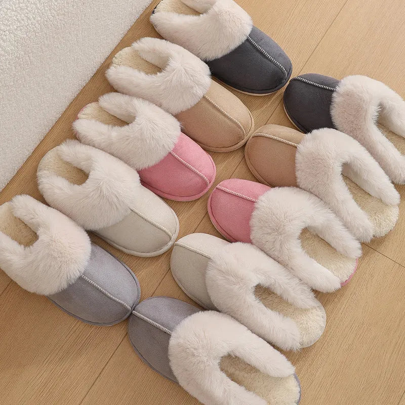 Women's plush-lined indoor winter slippers with PVC soles in five colour options