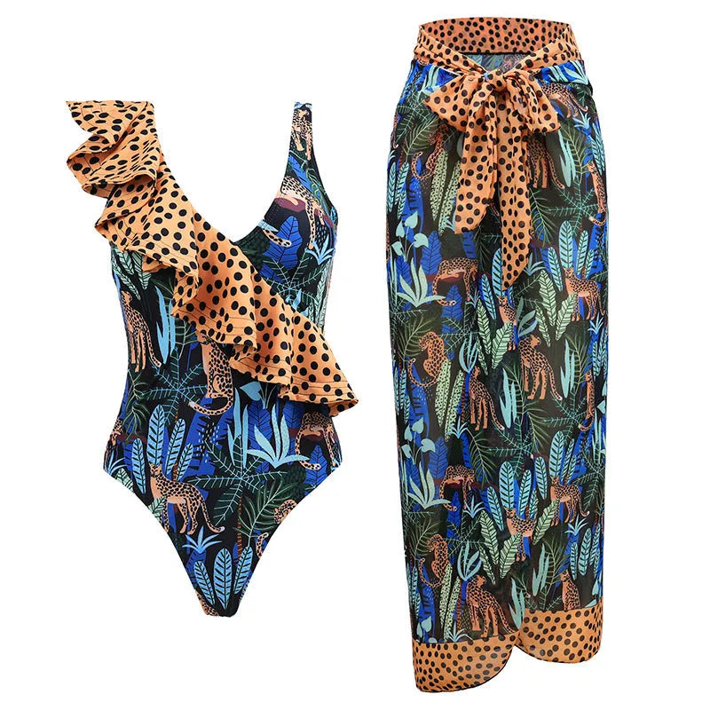 Women's solid colour one-piece swimsuit with spaghetti straps and removable matching skirt