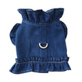 Blue denim dog dress with chest harness and back ruffles in various sizes