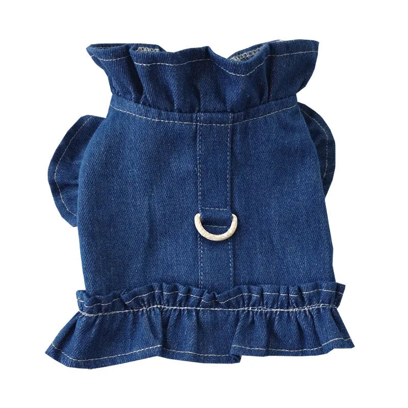 Blue denim dog dress with chest harness and back ruffles in various sizes