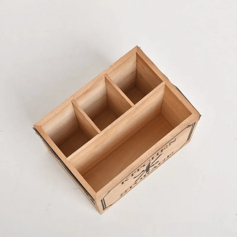 Wooden kitchen storage box with grid compartments for knives forks and chopsticks