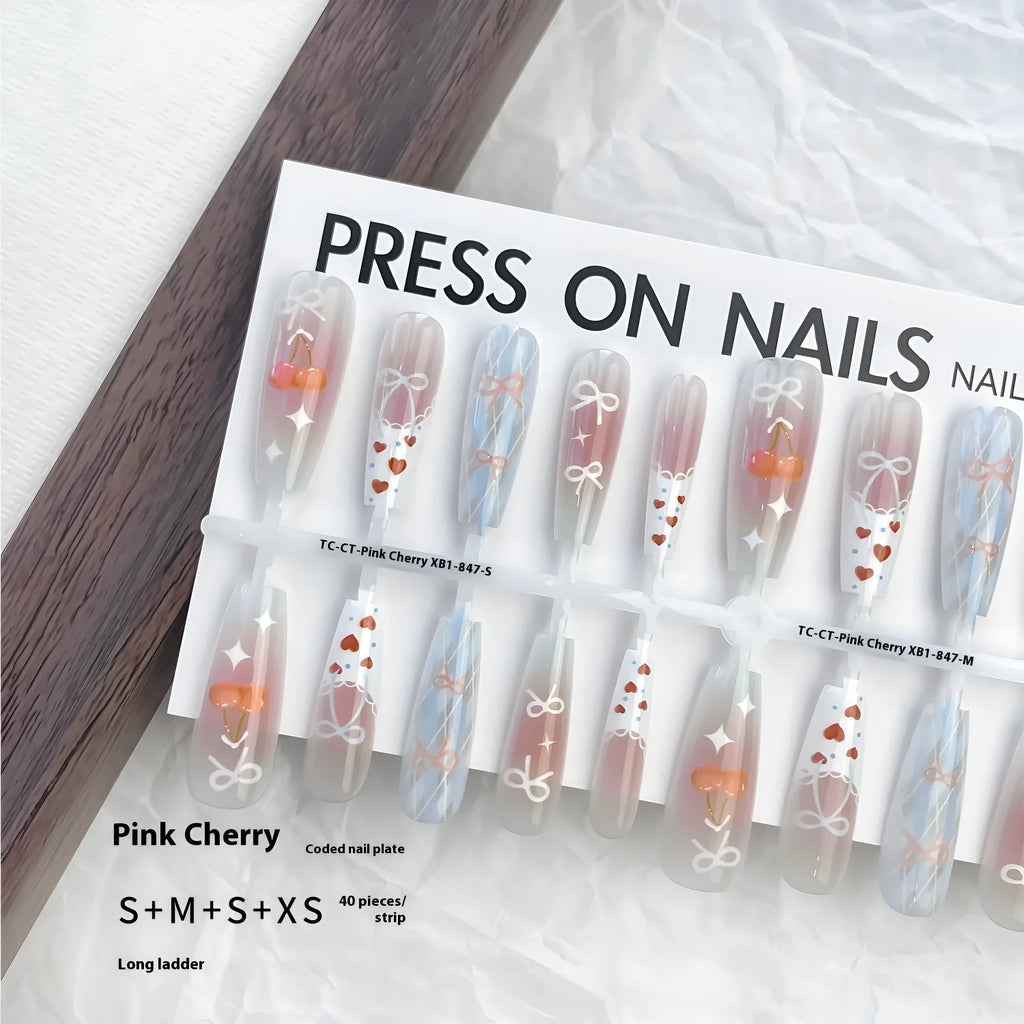 Retro gothic prefabricated nail stickers in pink cherry long ladder shape, 40 pieces per set