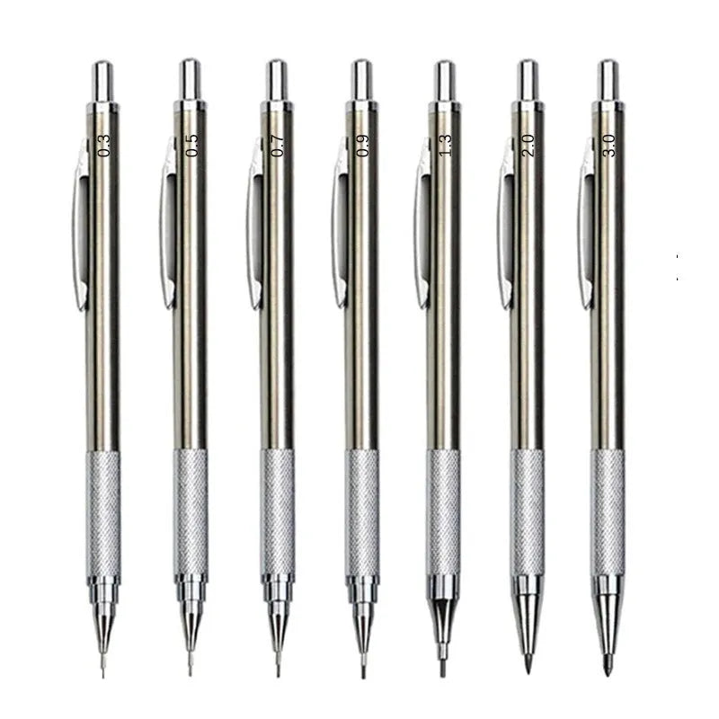 Metal automatic mechanical pencil with 2B graphite refill showing lead size options