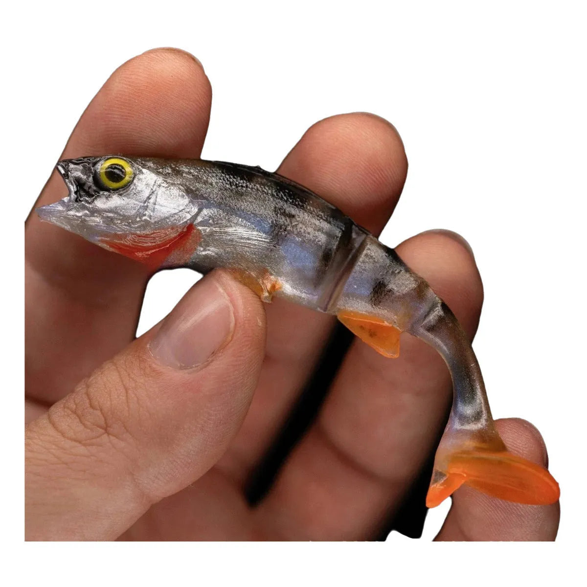 Two fish-shaped soft fishing lures with Fish T Tail design on a blue background.