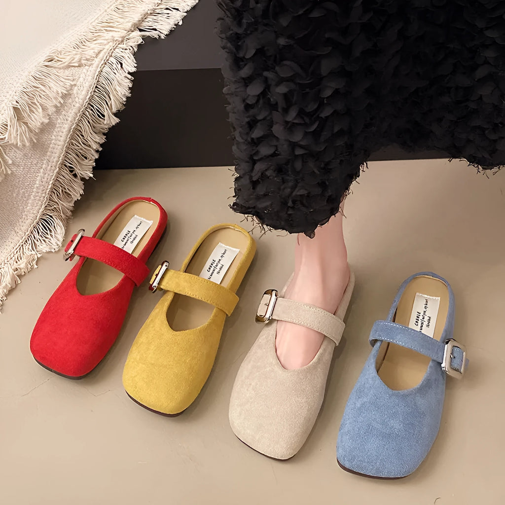 Women's flat closed toe slippers with square head design in apricot, blue, red and yellow colour options