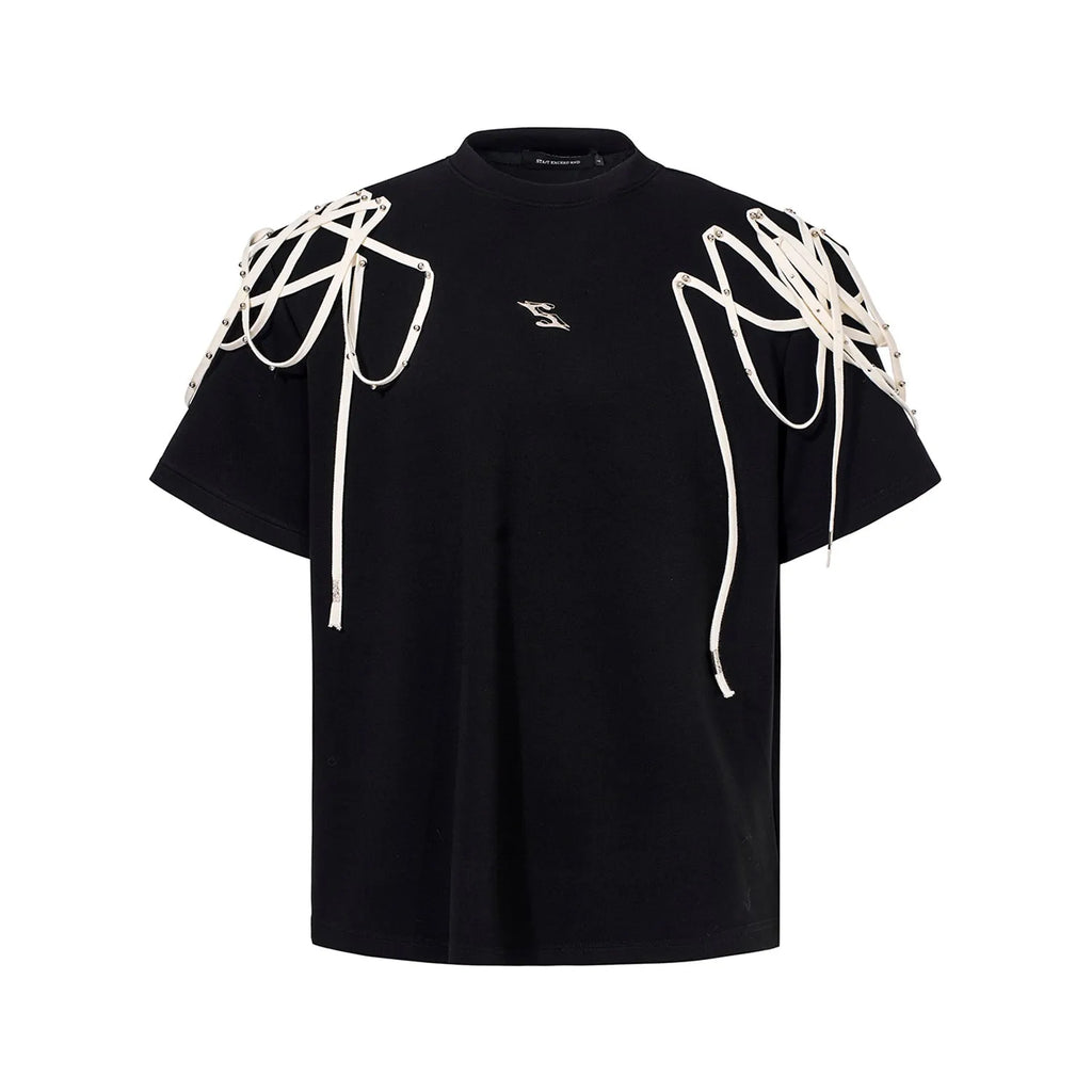 Black loose fit t-shirt with rivet ribbon padded shoulders and round neck collar