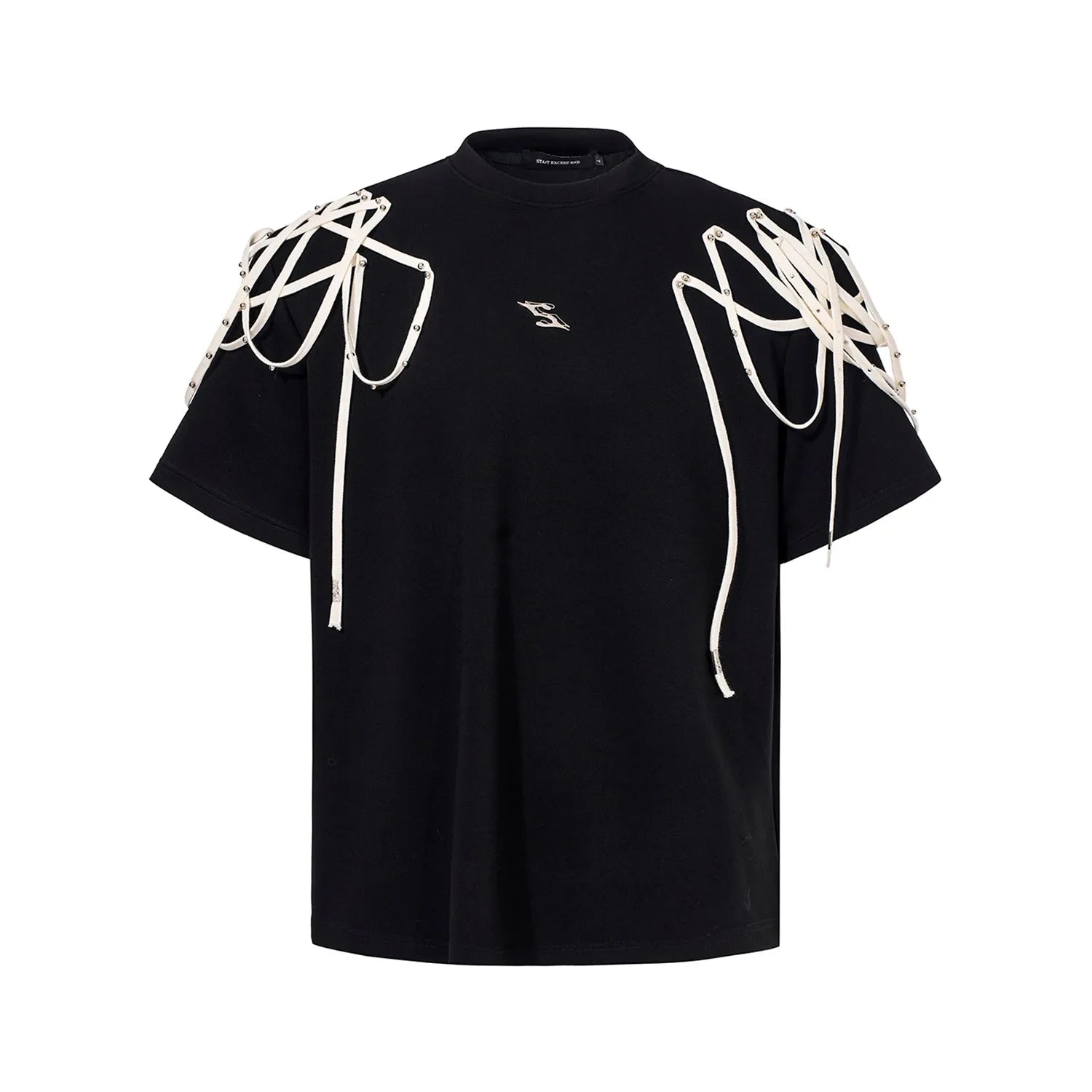 Black loose fit t-shirt with rivet ribbon padded shoulders and round neck collar