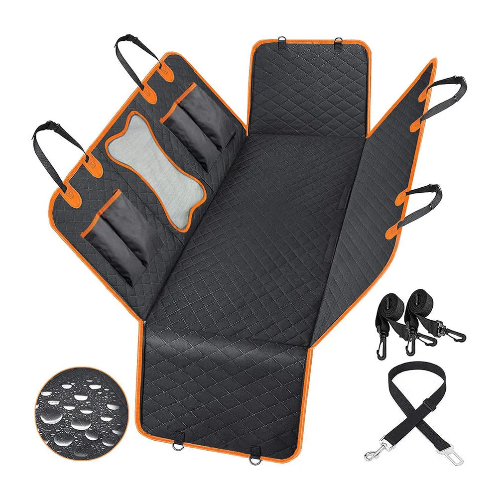 Black pet car seat mat with orange trim, showing mesh window and storage pocket on rear seat.