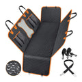 Black pet car seat mat with orange trim, showing mesh window and storage pocket on rear seat.
