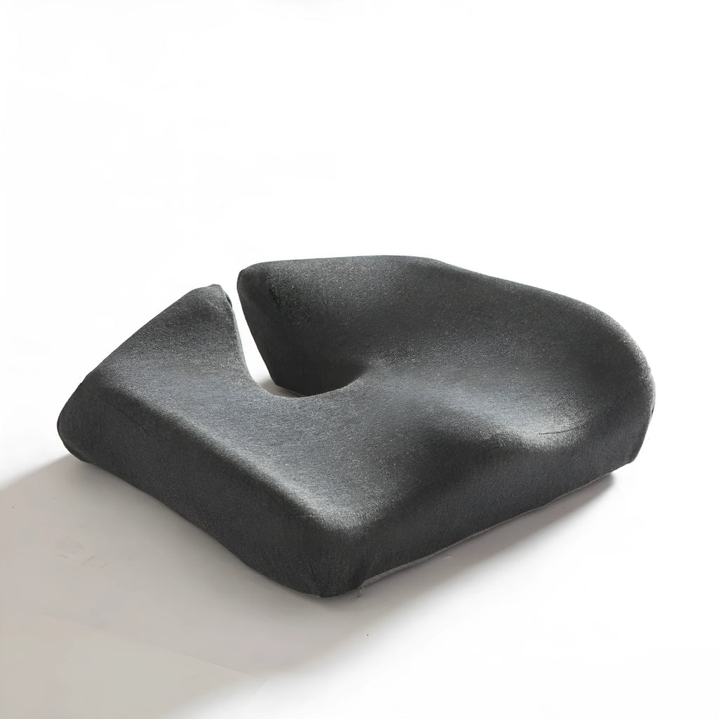 Memory foam office chair cushion showing dark grey polyester cover on office chair