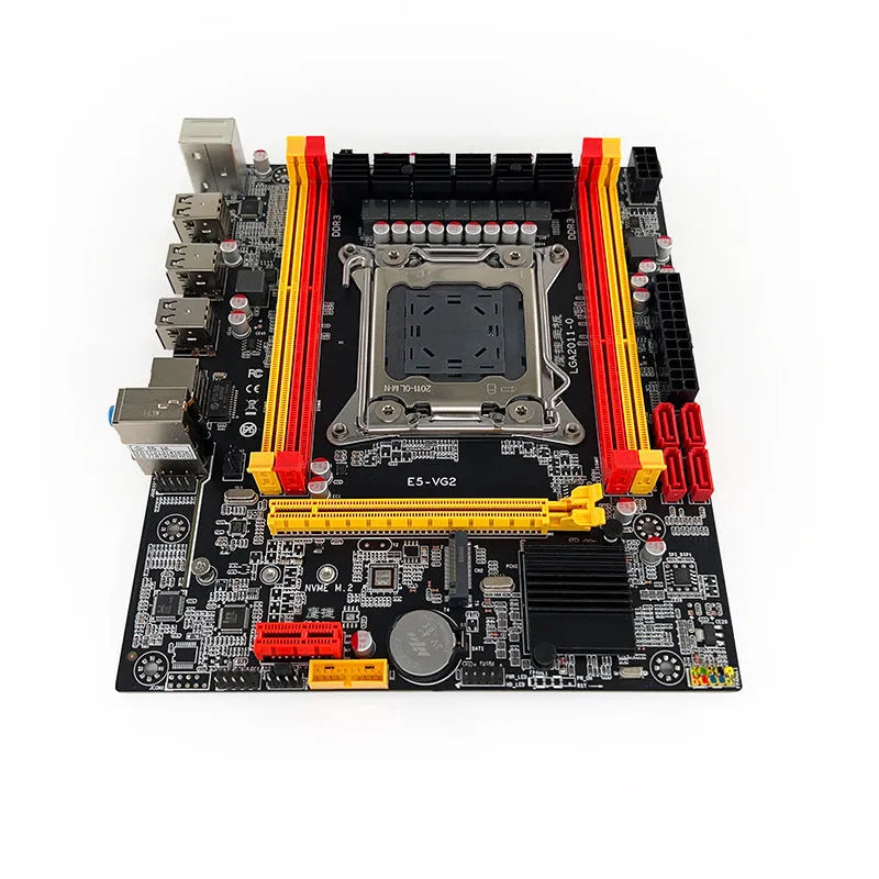 X79-VG2 desktop ATX motherboard showing LGA 2011 socket, PCIe 16X slot, DDR3 slots, and M.2/SATA connectors.