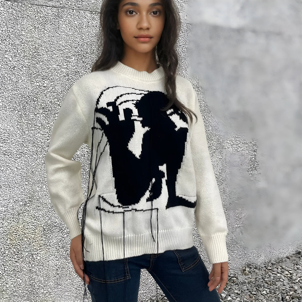 Women's loose round neck tassel design sweater in gray alpaca wool blend pullover, front view