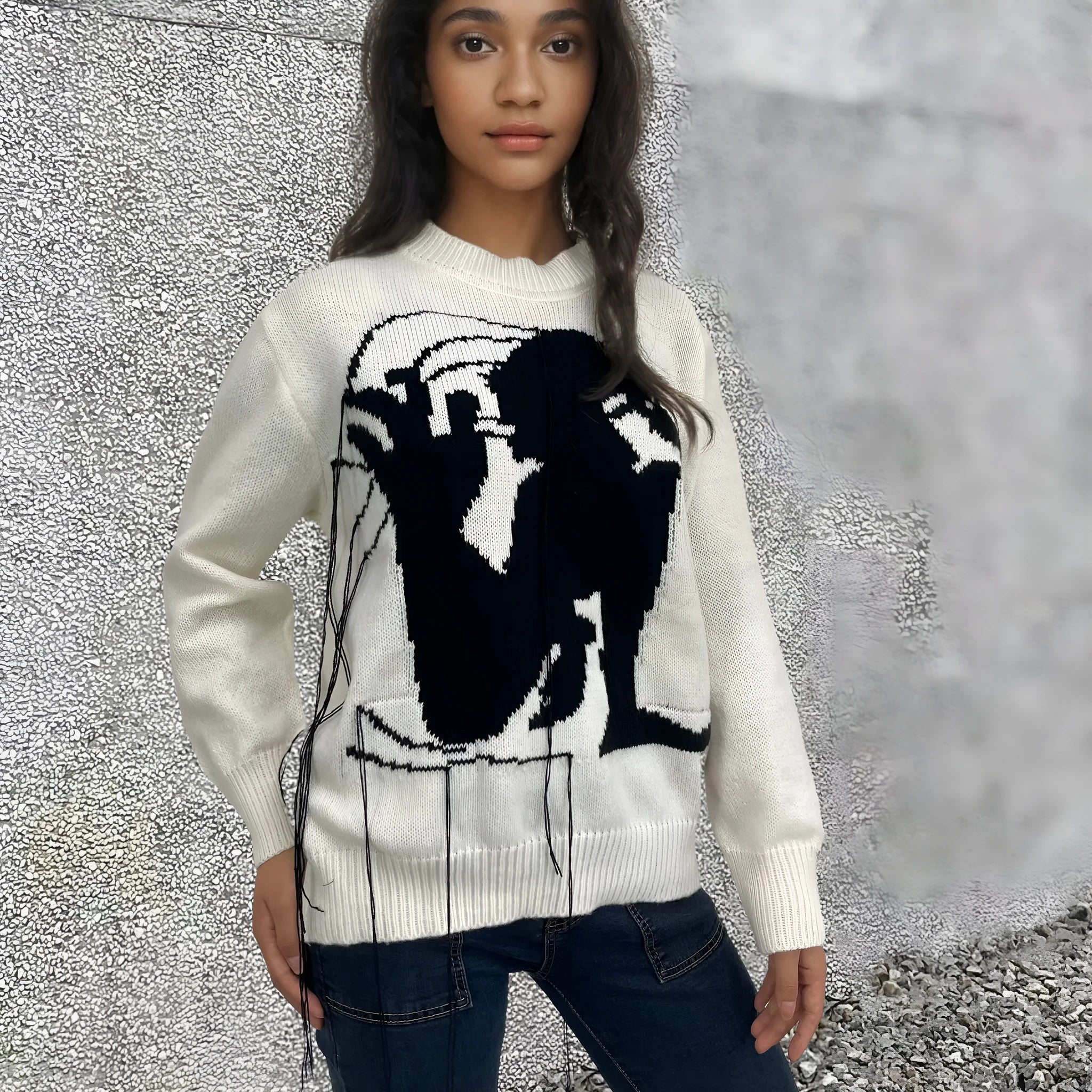 Women's loose round neck tassel design sweater in gray alpaca wool blend pullover, front view