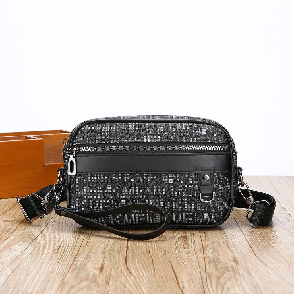 New Casual Shoulder Messenger Bag Men's Large Capacity Handheld Horizontal Geometric Pattern PU 2206 Black
