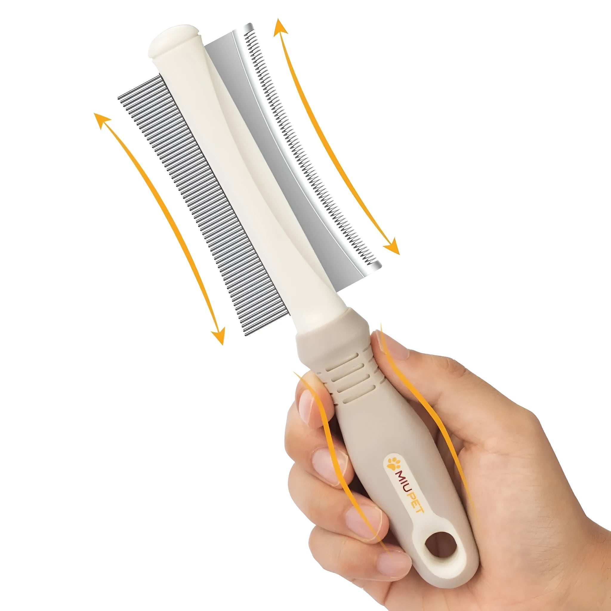 White 2-in-1 double-sided dog and cat deshedding brush with grooming comb and ergonomic handle