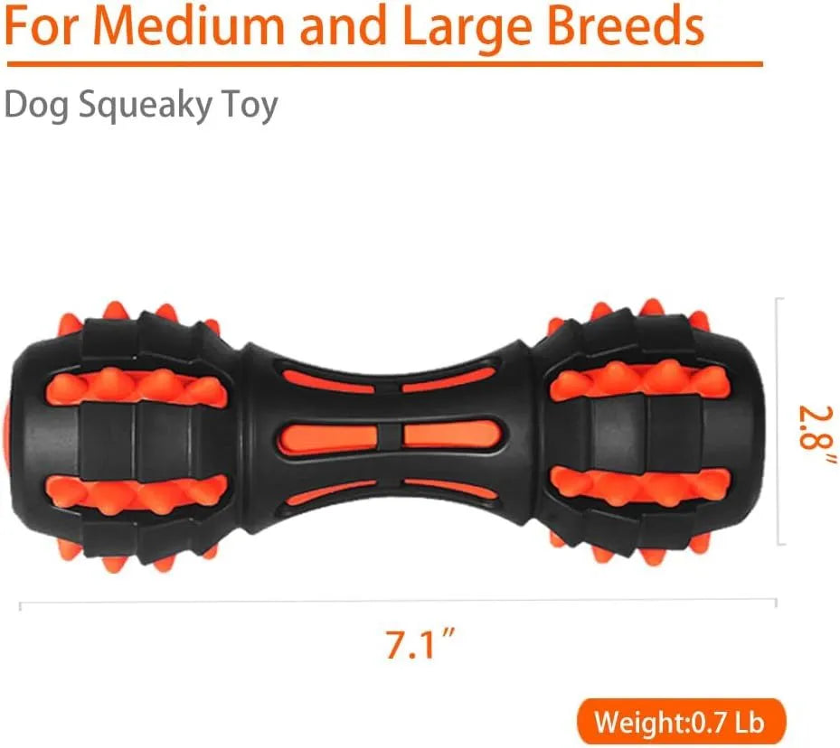 Red durable rubber dumbbell-shaped dog chew toy for large breed aggressive chewers