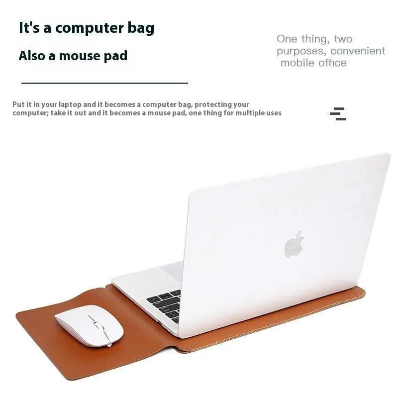 Four-piece set of brown imitation leather lock edge laptop liner bags for MacBook protection.