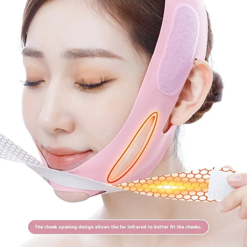 Pink and black elastic V-shaped face bandage for facial contouring and skincare support