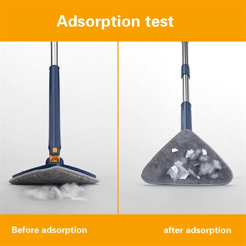 Blue extendable triangle cleaning mop with 360-degree rotating head and stainless steel pole