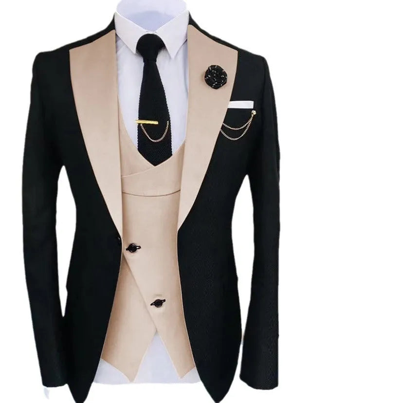 Men's slim fit three-piece cotton suit in black for a wedding or business occasion.