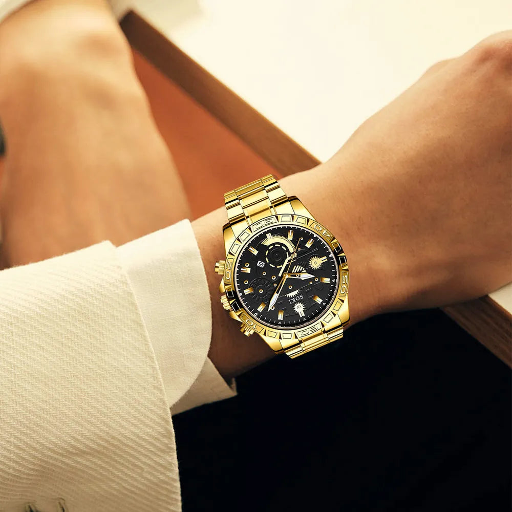 Men's gold stainless steel business quartz watch with 10mm thickness on wrist
