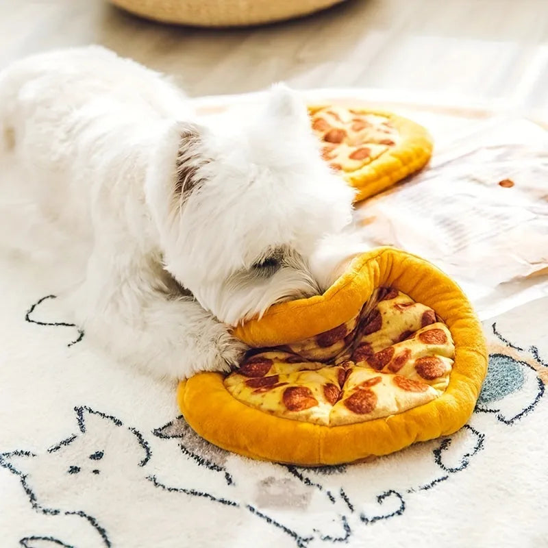 Yellow pizza design dog chewing toy with pepperoni and cheese details, 4 inches diameter