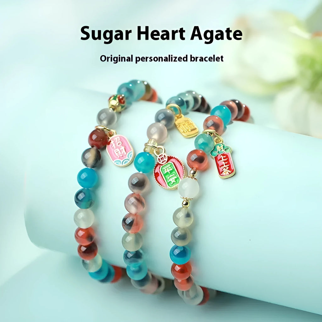 Natural agate coloured glaze copper coin snake bracelet for women, fu character style, handmade, 6mm or 8mm beads