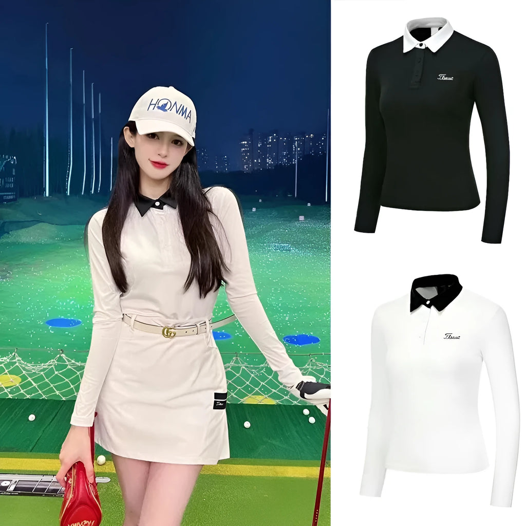 Women's white long sleeve polyester golf top with slim fit design for outdoor sports